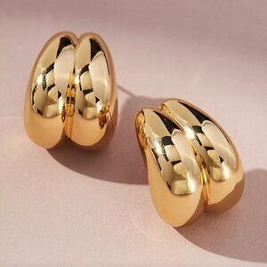 New ~ Anthropologie Thick Double Bean Gold Huggie Hoop Earrings